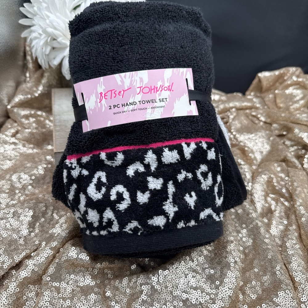 Betsey Johnson Black and White Hand Towel Set with Pink Accents